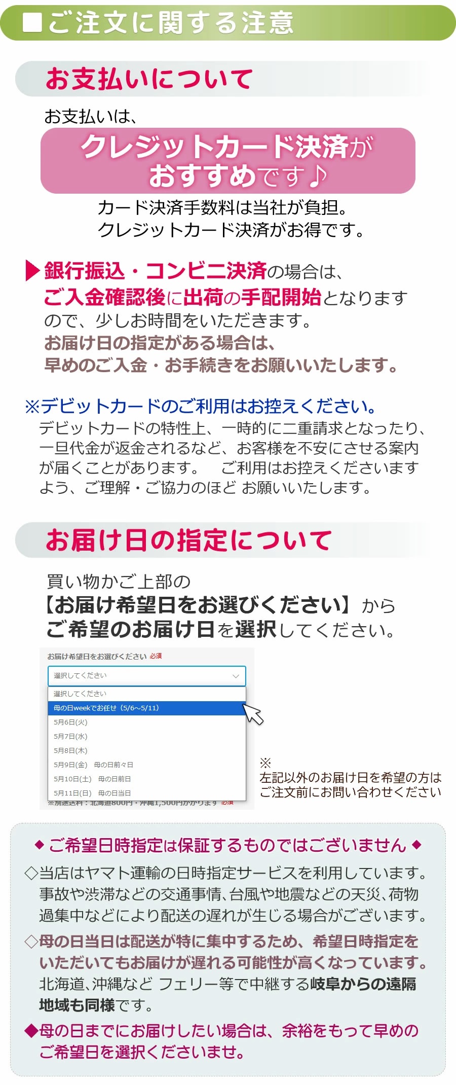 ご注文に関する注意　支払