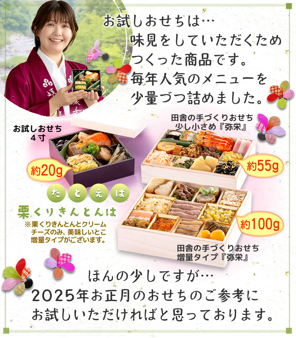 お試しおせち人気メニューを少量づつ詰めました。